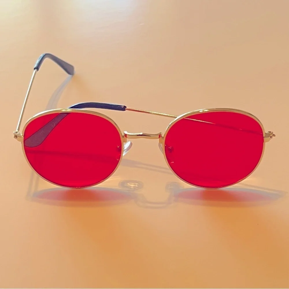 Orange Lens Sunglasses, fashion sunnies, gold tone metallic frame, EUC
